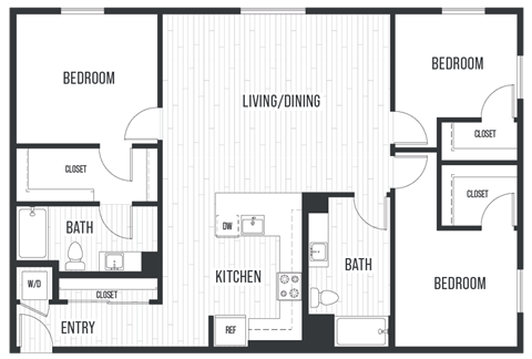 Floor plan 3A. Three bedroom, two bath at Sixth & Jackson Apartments in Japantown, San Jose.